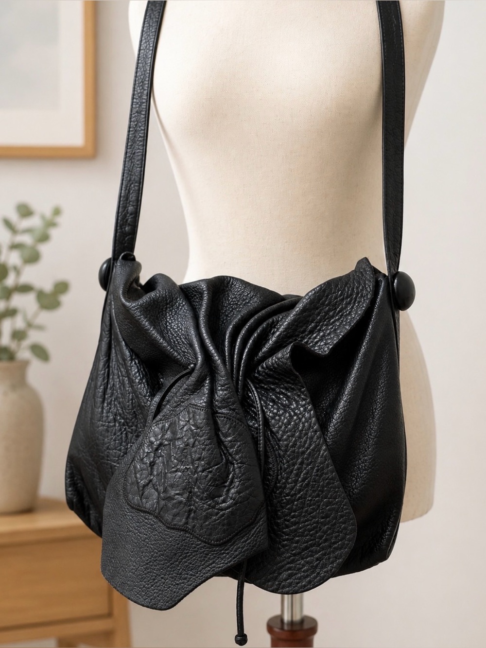 Carlos Falchi Vintage Black Leather Butterfly Bow Cinch Crossbody Bag